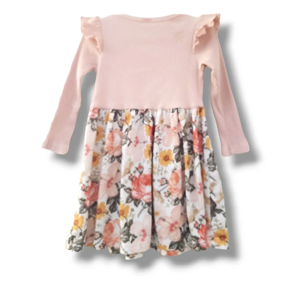 Girls Toddler 3/4 Floral Print Ruffle Bow Trim Dress